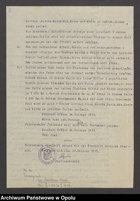 image.from.unit.number "Verfügung von Todes wegen des Maschinenbauers Emil Aust und seiner Ehefrau Marta geb[orene] Steiner in Neustadt"