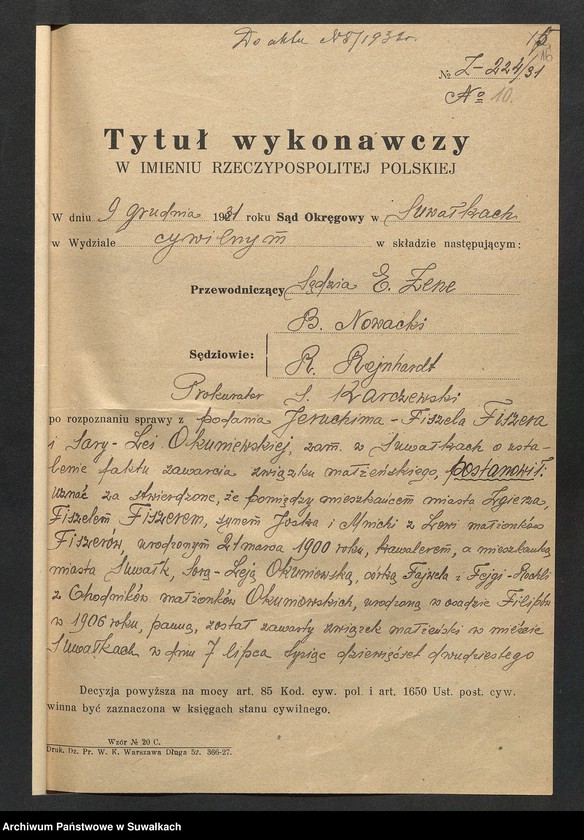 image.from.unit.number "Dowody do aktów ślubu Suwalskiego Okręgu Bożniczego 1932 rok"