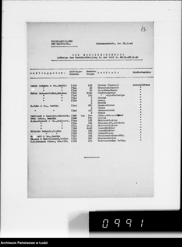 Obraz 16 z jednostki "Aufstellung laufender Aufträge und der Arbeitsressort"