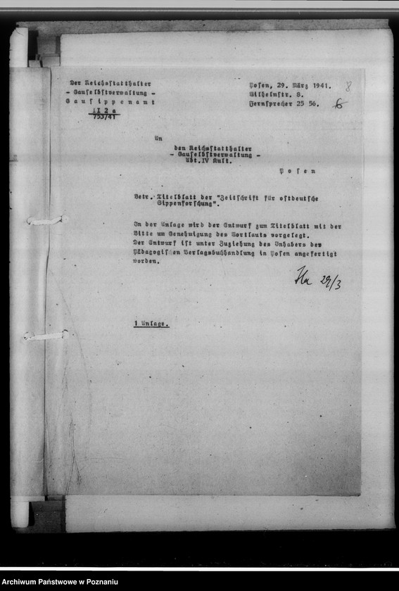 Obraz 13 z jednostki "[Korespondencja w sprawie wydawnictwa pod tytułem: Zeitschrift für ostdeutsche Sippenforschung]"