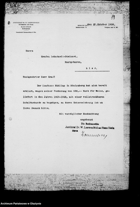 image.from.unit.number "/Korrespondenz des Justitzrats Dr. Loewenfeld- Berlin mit den Gläubigern des Gfen u. ihm selbst in sachen der Zwangsverwaltung von Steinort etc/"