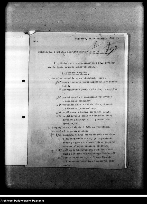 Obraz 5 z jednostki "Pisma okólne, instrukcje oraz korespondencja dotycząca organizacji i zadań zespołów nauczycielskich Obozu Zjednoczenia Narodowego. Listy obecnych na odprawach delegatów w/w sprawie"