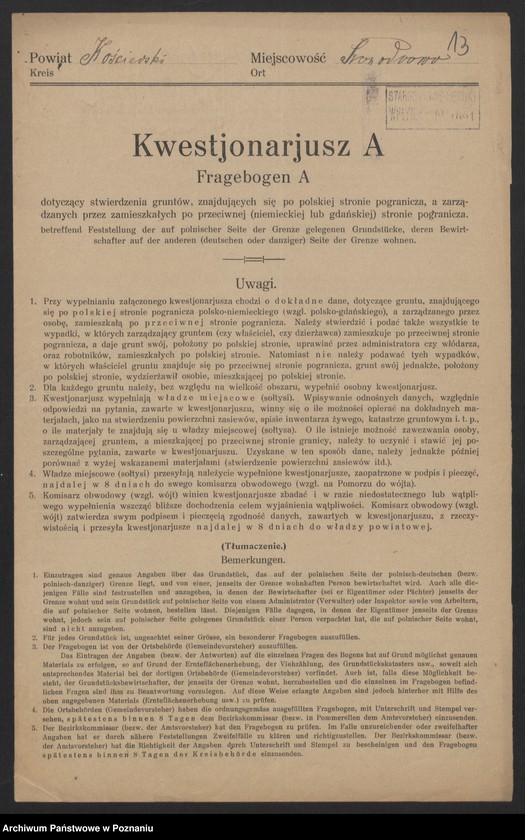 Obraz 12 z jednostki "[Kwestionariusze dotyczące stwierdzenia gruntów znajdujących się po niemieckiej stronie pogranicza a zarządzanych przez zamieszkałych po stronie polskiej] powiat kościański"