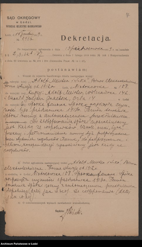 Obraz 9 z jednostki "Adolf Meister i S-ka- warsztaty elektrotechniczne i biuro instalacyjne"