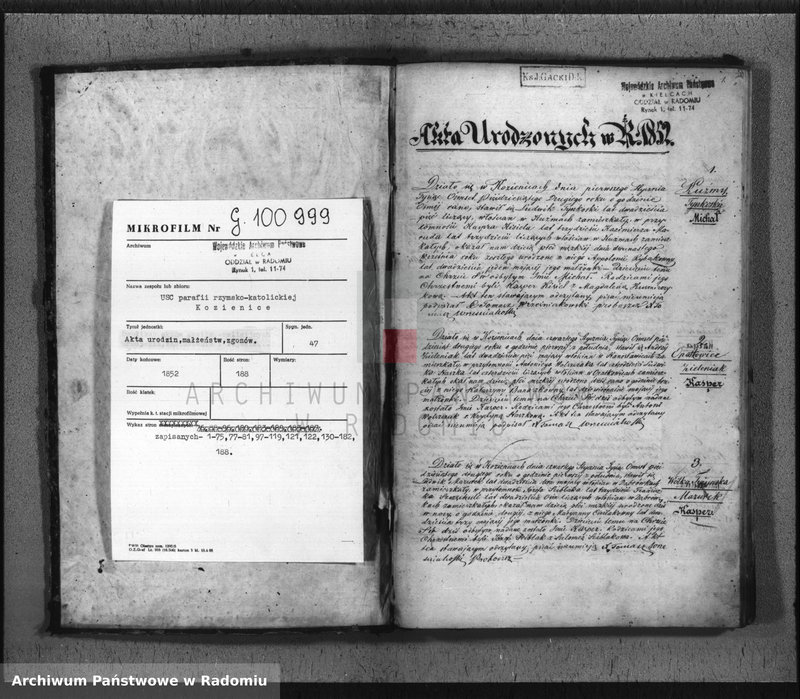 Obraz 3 z jednostki "Duplikat Aktów Cywilno - Religijnych Urodzenia, Zaślubienia, Zejścia Parafii Kozienice na Rok 1852"