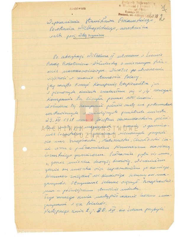 Obraz 10 z jednostki "Relacje i wspomnienia dotyczące powstania wielkopolskiego: 1. Zbąszyń, powiat Nowy Tomyśl, województwo poznańskie, 2. Zdziechowa, powiat Gniezno, województwo poznańskie, 3. Zduny, powiat Krotoszyn, województwo poznańskie."