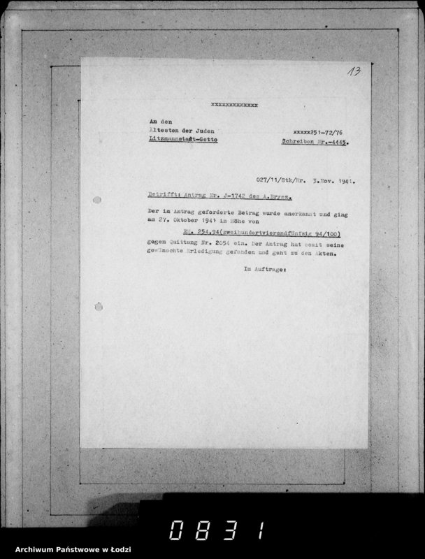 Obraz 17 z jednostki "J 1741-1760 [Wnioski Żydów z Getta o zwrot należności za towar wzięty na kredyt]"