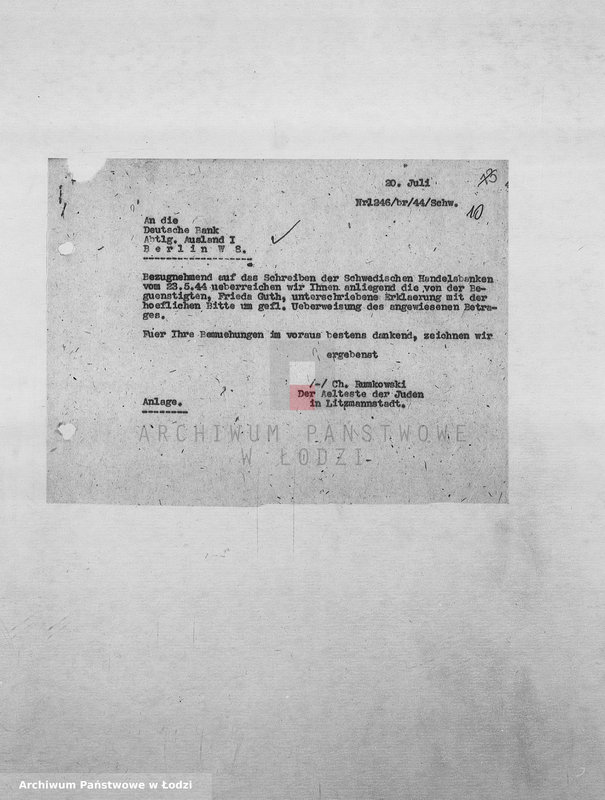 Obraz 13 z jednostki "Banken [Korespondencja PSŻ z GV i bankami niemieckimi w sprawie przekazów pieniężnych dla ludności getta]"