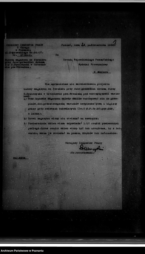 Obraz 5 z jednostki "Zatwierdzenie zakładu przemysłowego /Budowa magazynu/ fabryki drzewa/ / Bystrzyckiego w Orzechowie Zjednoczone Fabryki Przeróbki Drzewa"