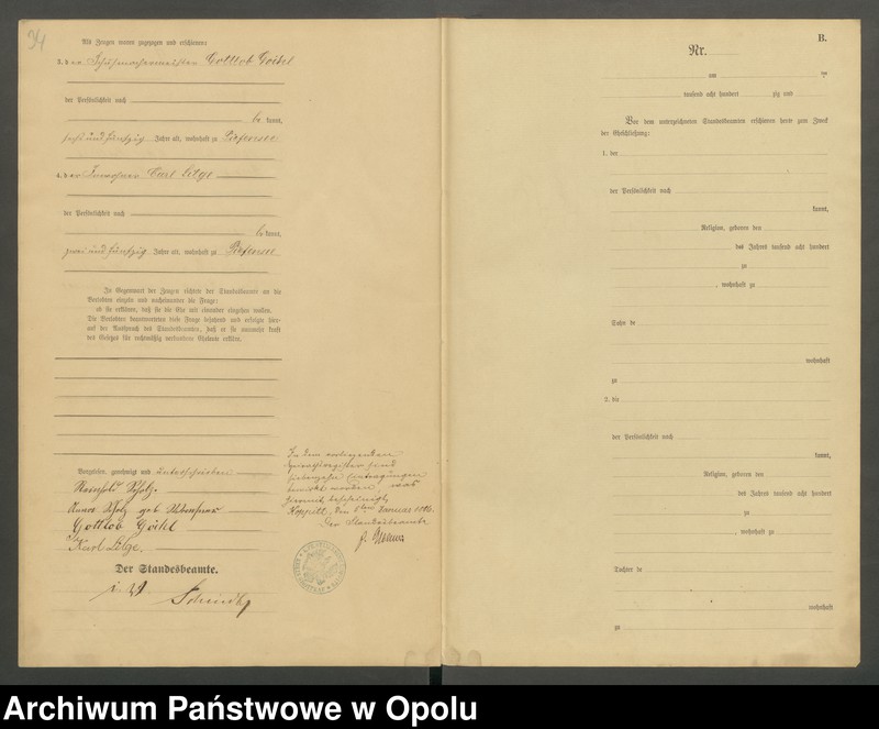 Obraz 20 z jednostki "Heiraths-Haupt-Register Standesamts Koppitz pro 1885"