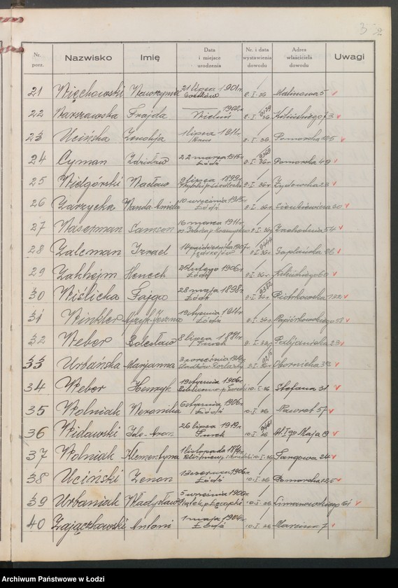 Obraz 5 z jednostki "Ewidencja dowodów osobistych wydanych przez Zarząd Miejski w Łodzi, zespół nr 8 [- nazwiska na litery] U, W, Z, Ż"