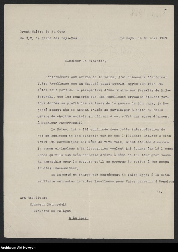 image.from.unit.number "Kętrzyński Stanisław (profesor, poseł RP w Holandii); Załączniki: a) telegram podpisany "Amitiés Polonaises"; b) kopia listu T. Du Monceau; L.4"