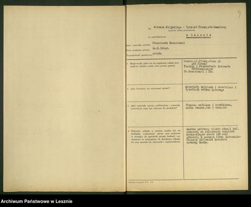 Obraz 9 z jednostki "[Przetwórnia Surowców Włókienniczych - Franciszek Nowakowski - rejestracja]"
