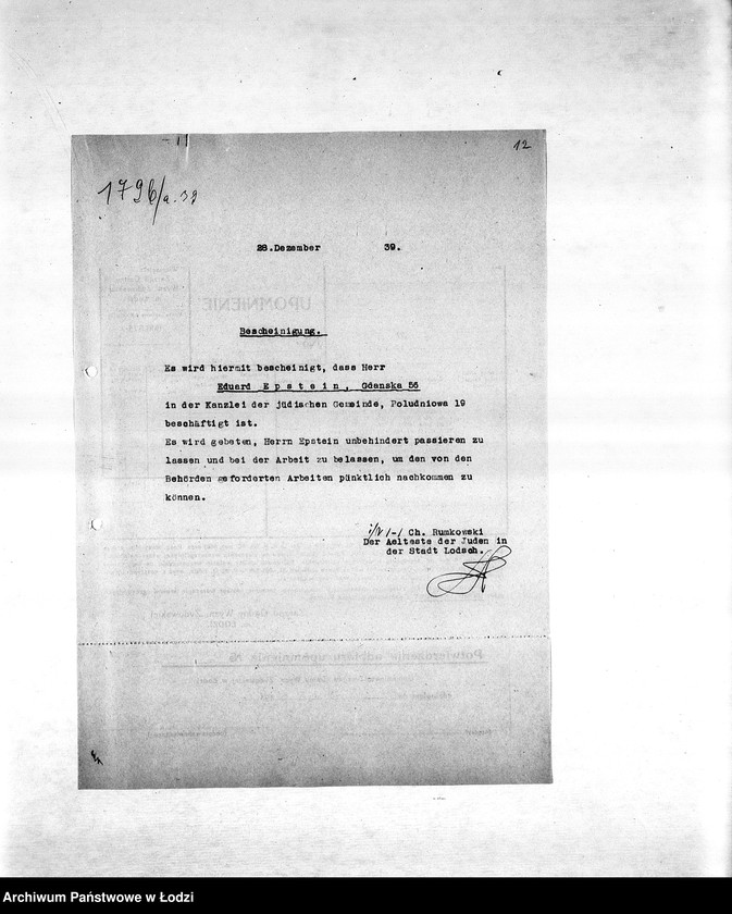 Obraz 15 z jednostki "Sprawy zaświadczeń [m.in. o zatrudnieniu mieszkańców getta, wysokości poborów, miejscu zamieszkania, sytuacji materialnej, wsparciach pieniężnych]"