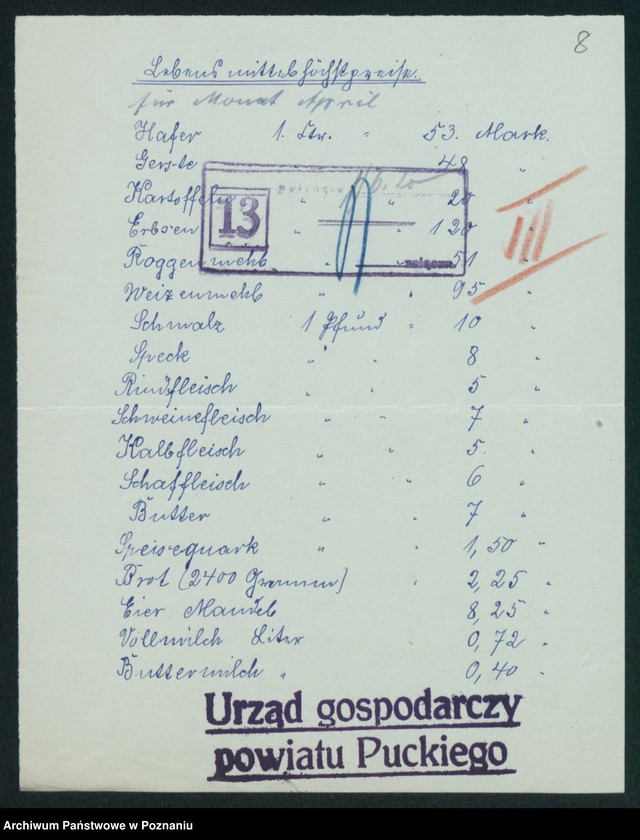 Obraz 10 z jednostki "[Wykazy cen maksymalnych Województwa Pomorskiego za miesiąc kwiecień 1920 roku]"