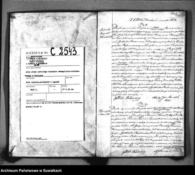 image.from.unit.number "Duplikat Aktów Stanu Cywilnego Urodziń, Małżeństw i Zejść Parafii Ewangelicko-Reformowanej Serejskiej na rok 1852"