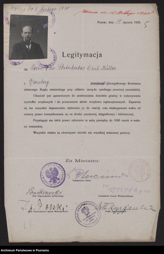 Obraz 7 z jednostki "[Egzemplarz legitymacji wydanych przez polskie władze komisarzom niemieckim dla oddania zarządu cywilnego prowincji poznańskiej]"