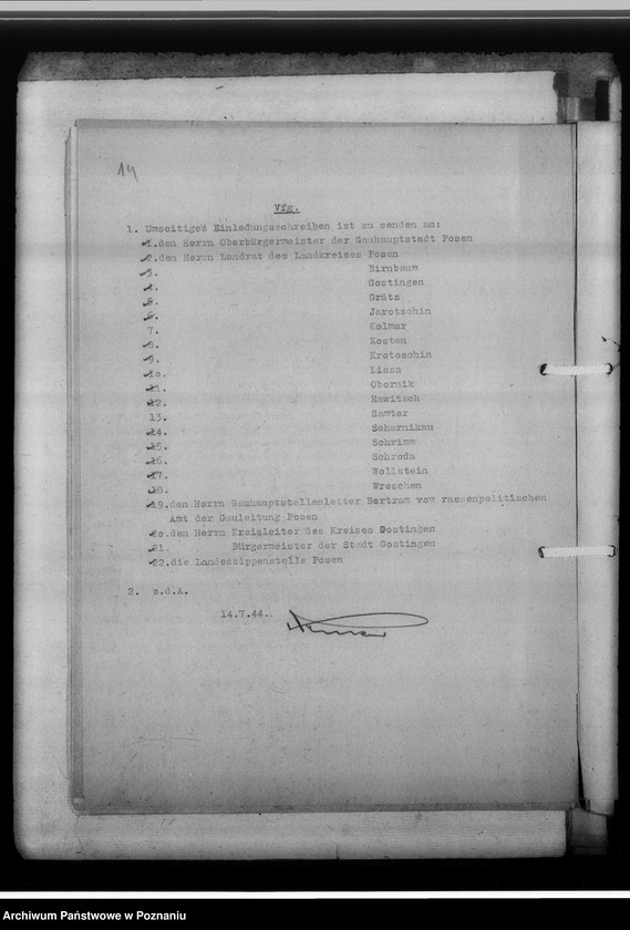 Obraz 18 z jednostki "Arbeitsbesprechung der Sippenamtsleiter in Gostingen [Gostyń, porządek obrad i sprawozdanie z zebrania kierowników powiatowych urzędów do spraw genealogicznych z terenu województwa poznańskiego]"