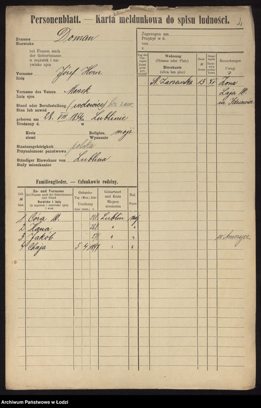 Obraz 4 z jednostki "[Spis ludności Łodzi] Doman - Domowicz"