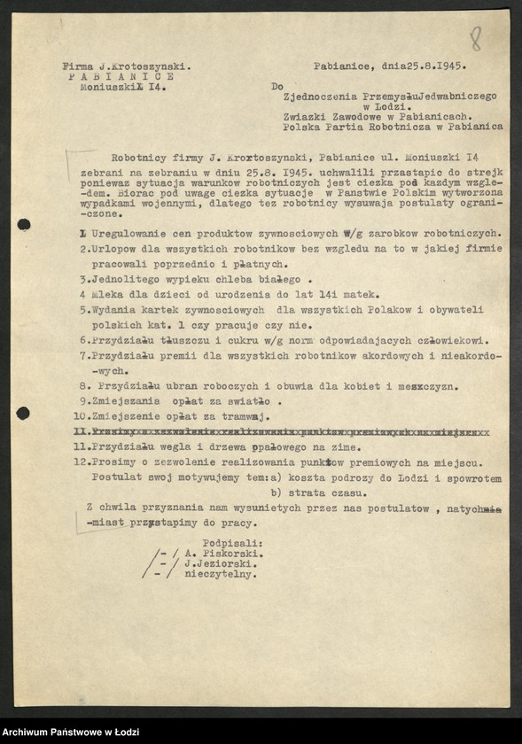 Obraz 9 z jednostki "Materiały dotyczące strajków w fabrykach Pabianic, Końskich [i Łodzi]"