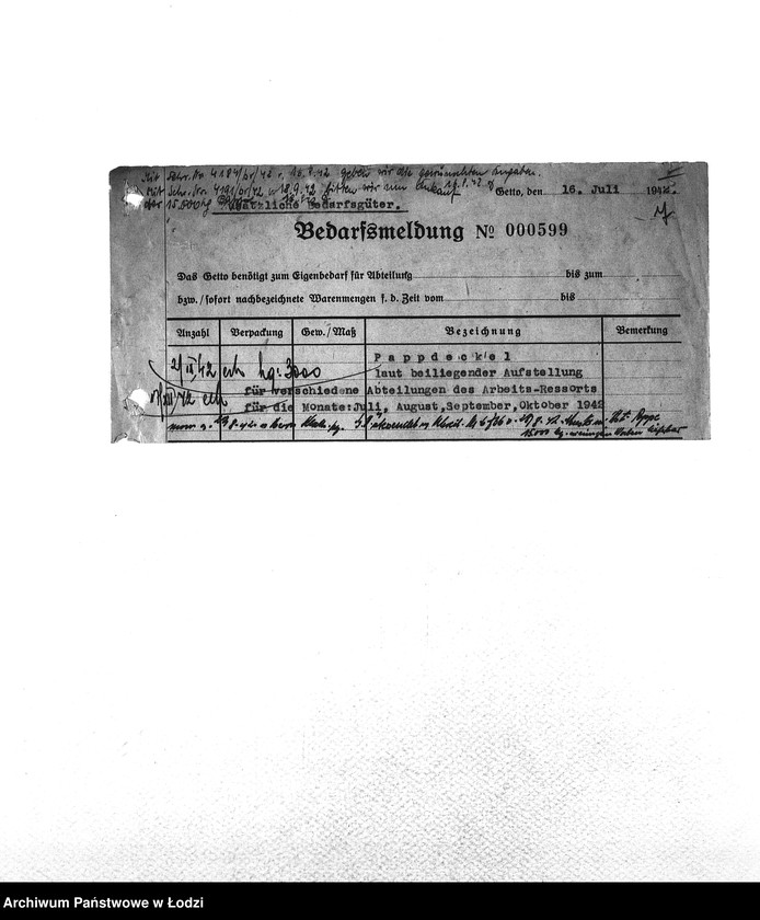 Obraz 10 z jednostki "Bedarfsmeldungen [Skierowane do GV zapotrzebowania na surowce, materiały, narzędzia, maszyny itp. potrzebne resortom pracy do produkcji; zamówienia żywności, lekarstw]"