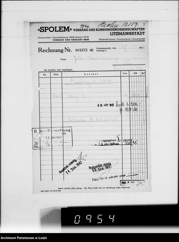 Obraz 13 z jednostki ""Społem" Rechnungen [za dostawy towarów dla Getta]"