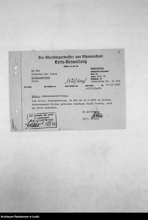 Obraz 8 z jednostki "[Korespondencja PSŻ z GV, z instytucjami i firmami niemieckimi w sprawie informacji o mieszkańcach getta: ich adresach, majątku, narodowości itp. – w związku z rentami i wierzytelnościami]"