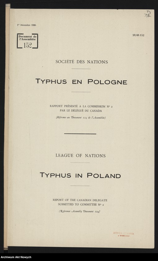 image.from.unit.number "Sprawa pomocy zagranicznej w zwalczaniu tyfusu w Polsce. Memoriały. Raport i uchwały Ligi Narodów, notatki"