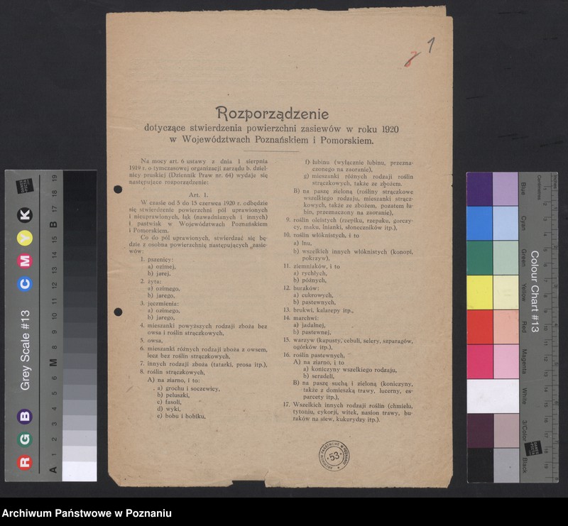 Obraz 3 z jednostki "[Wyniki oszacowania plonów roślin okopowych w Księstwie Poznańskim w roku 1919] i Rozporządzenie dotyczące stwierdzenia powierzchni zasiewów w roku 1920"