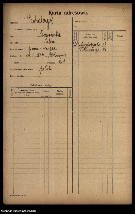 Obraz 8 z jednostki "[Spis ludności Łodzi] Pacholczyk-Pająkowski"