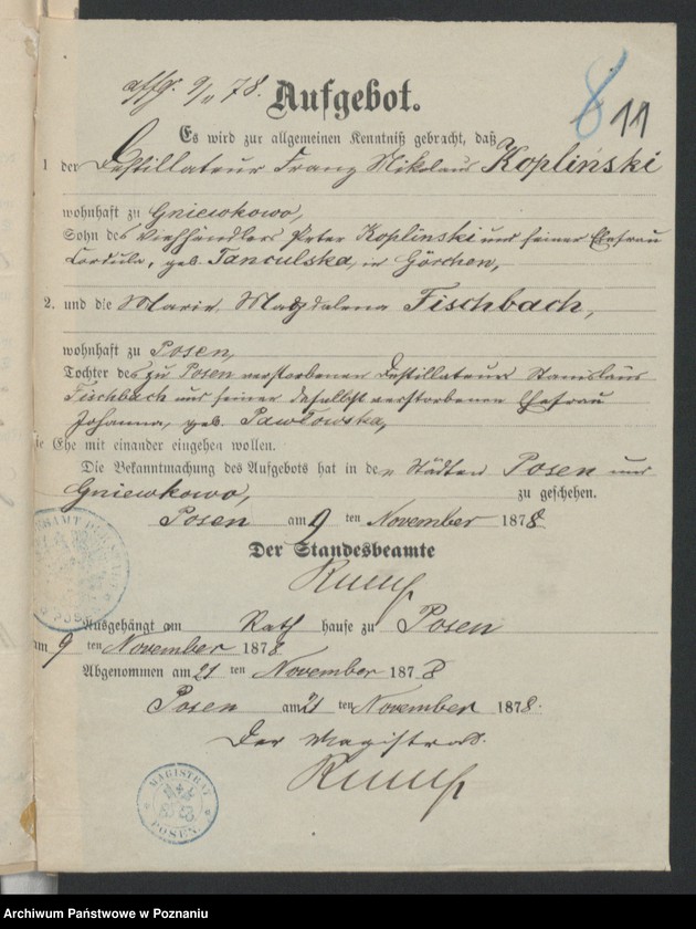 Obraz 13 z jednostki "Die von den Verlobten beigebrachten Urkunden zur Eheschliessung pro 1878"