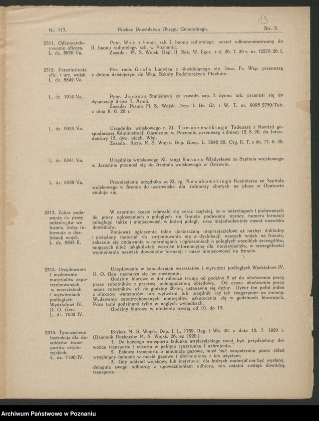 Obraz 15 z jednostki "/Rozkazy Dowództwa Okręgu Generalnego w Poznaniu/, nr 116-140."