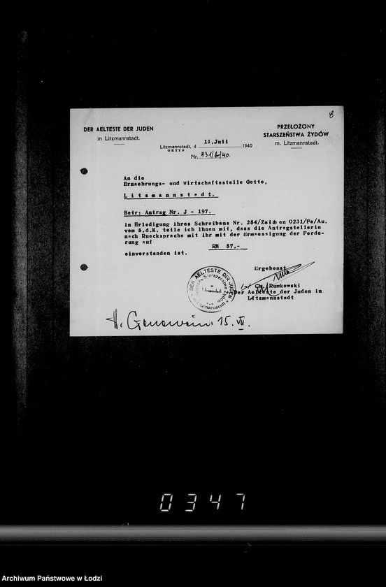 Obraz 12 z jednostki "J.196-210 [Wnioski Żydów w Getcie o zwrot długów za wzięty na kredyt towar przez kupujących]"