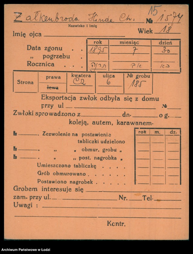 Obraz 16 z jednostki "Kartoteka osób pochowanych na cmentarzu żydowskim przy ulicy Brackiej w latach 1892-1956. Nazwiska na literę Ż"