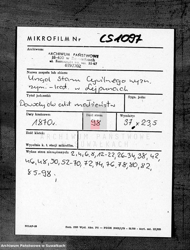 Obraz 2 z jednostki "Dokumenty Aktov o brakosočetanij sostavlennych v 1870 godu činovnikom Graždanskago Sostojanija Lejpunskago Rimsko- Katoličeskago Prichoda"