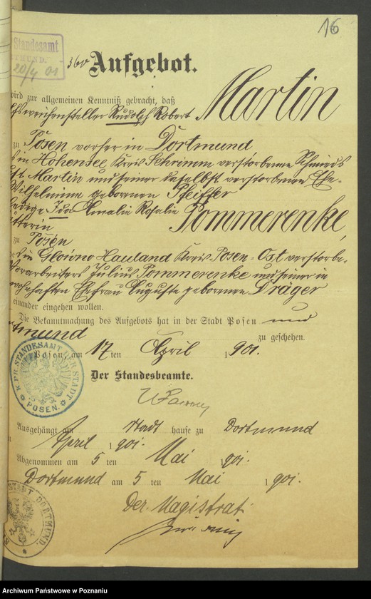 Obraz 18 z jednostki "Die von den Verlobten beigebrachten Urkunden zur Eheschliessung pro 1901. Vol VII"