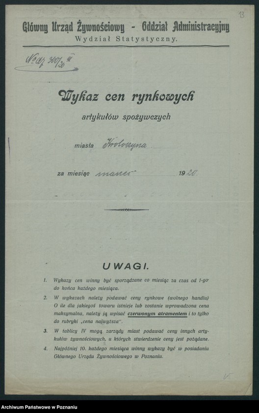 Obraz 12 z jednostki "[Wykaz cen rynkowych artykułów spożywczych w poszczególnych miastach Województwa Poznańskiego za miesiąc marzec 1920]"