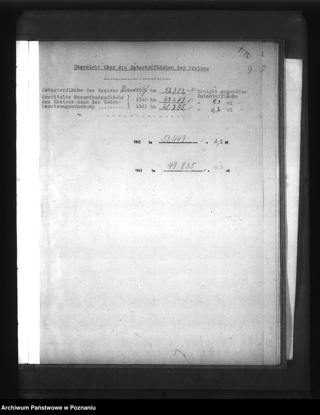Obraz 13 z jednostki "Gegenüberstellung der ermittelten Wirtschaftsfläche zur Katasterfläche mit Regierungs- und Gauergebnis"