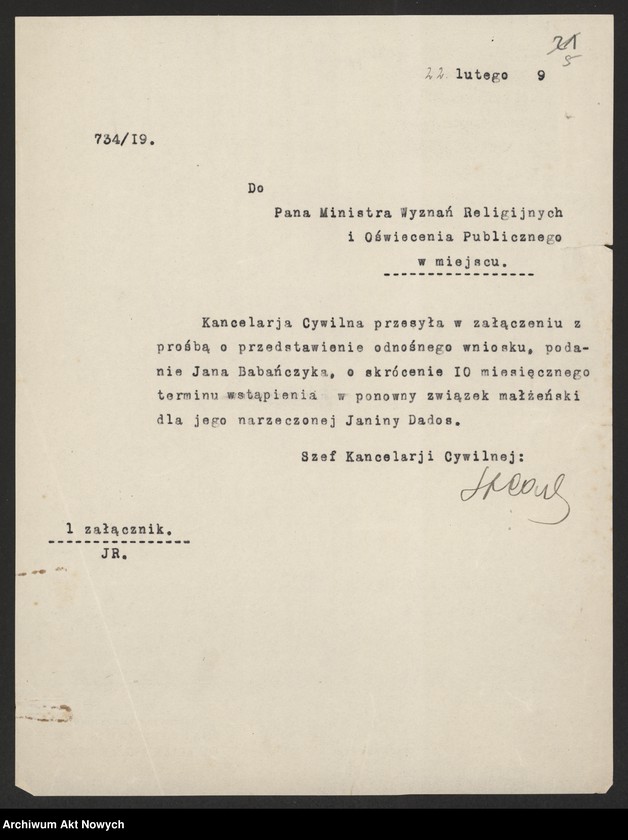 image.from.unit.number "Skrócenie 10 miesięcznego terminu zakazu wstąpienia w ponowne związki małżeńskie. Reskrypty Naczelnika Państwa, wnioski, korespondencja z Min. Wyznań Religijnych i Oświecenia Publicznego"
