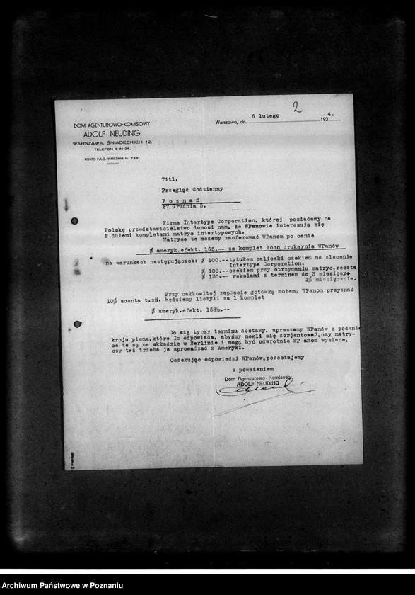 Obraz 6 z jednostki "Korespondencja z firmami: Tadeusz Drozdowski i Spółka z ograniczoną odpowiedzialnością oraz Dom Agentowo-Komisowy Adolf Neuding w sprawi maszyn i części linotypowych"