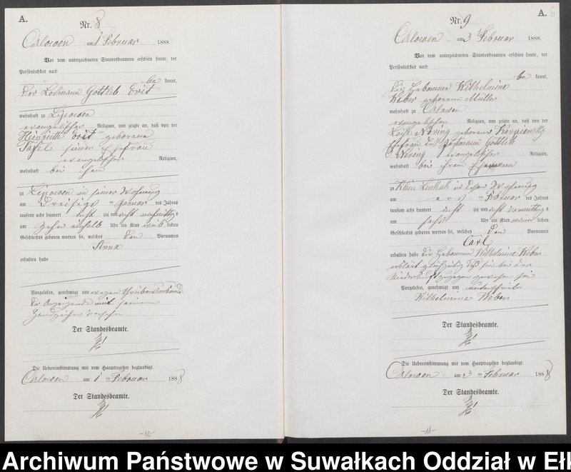 image.from.unit.number "Geburts-Neben-Register des Preussischen Standes-Amtes Orlowen Kreis Loetzen für das Jahr 1888"
