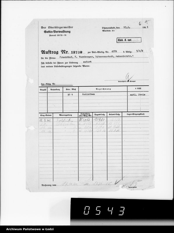 Obraz 10 z jednostki "Aufträge 5734-10700 [Faktury, listy przewozowe na dostarczone dla Getta produkty żywnościowe, materiały opałowe, przemysłowe]"