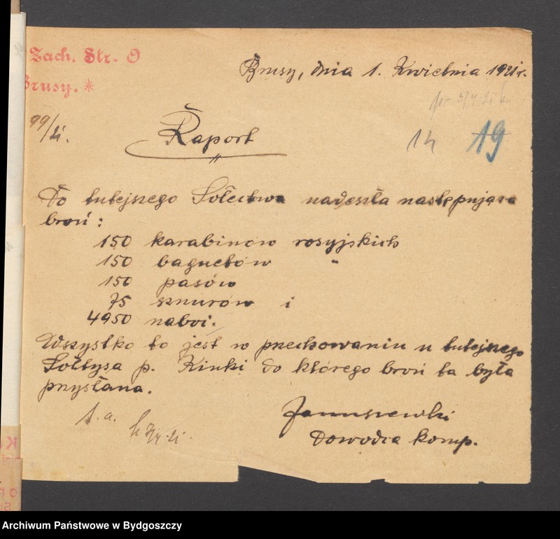 image.from.unit.number "[Raport o stanie uzbrojenia, statystyka broni, imienny spisy członków straży obywatelskiej z Głowczewic, powiat chojnicki]"