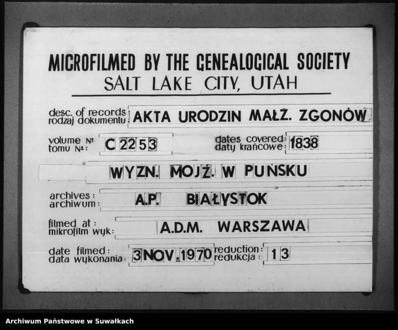 image.from.unit.number "Duplikat Aktów Urodzonych, Umarłych i Zaślubionych Urzędnika Stanu Cywilnego Wyznania Mojżeszowego Okręgu Puńsk z roku 1838."