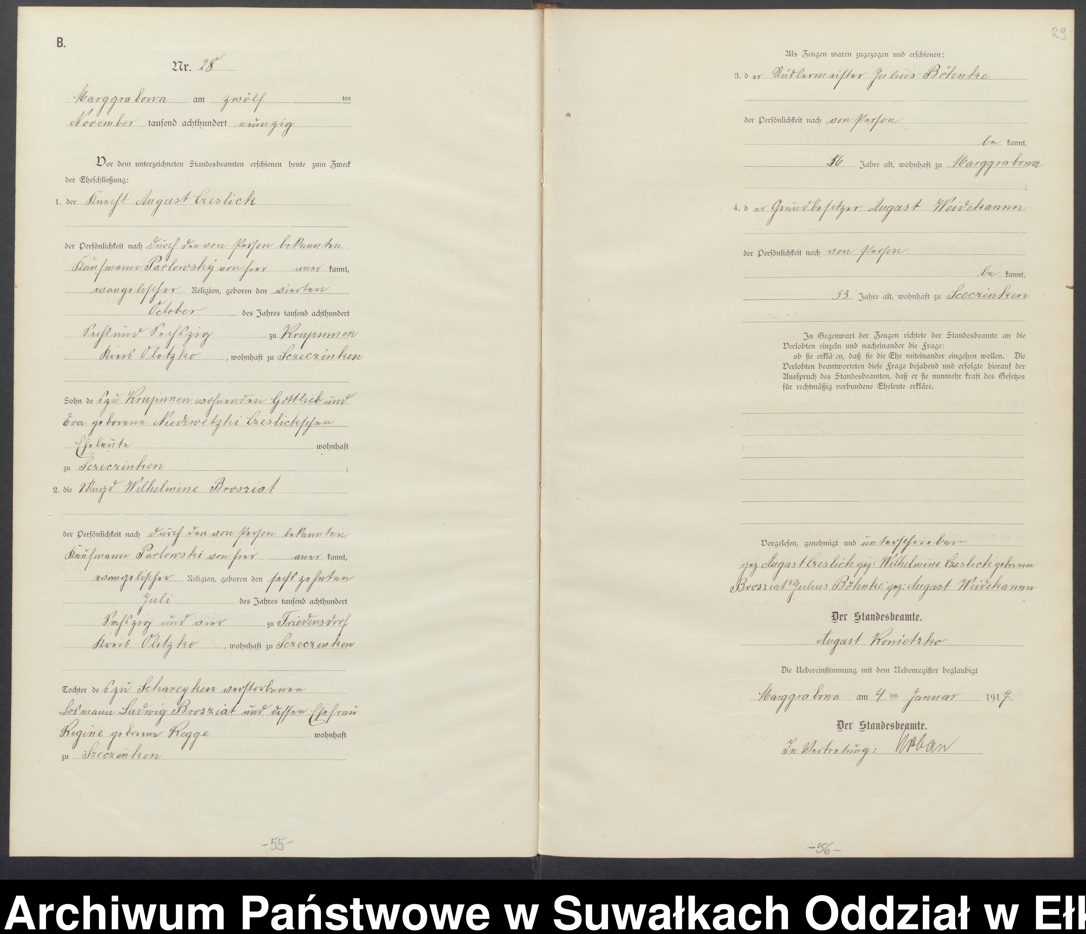 Skan z jednostki: B1.Heiraths-Register (Haupt-Register)Standesamt Marggrabowa Landbezirk vol.I No1 bis 44