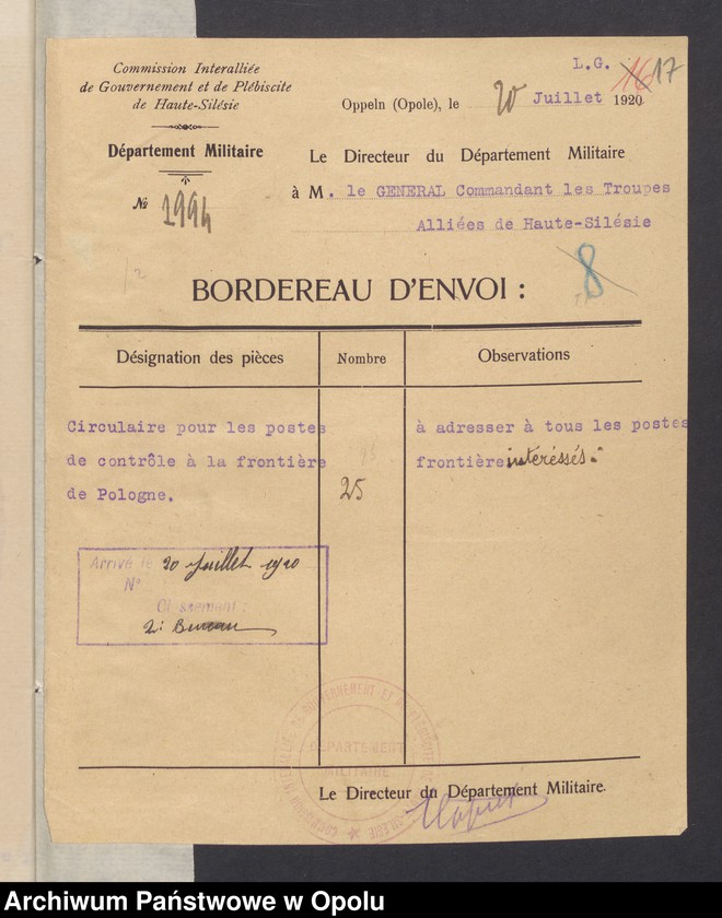 Obraz 19 z jednostki "Commandement Superieur des Forces Alliees en Haute-Silesie-Entrees /Korespondencja wpływająca pochodząca od władz wyższych i jednostek podległych/ 29.06.1920 - 30.10.1920"
