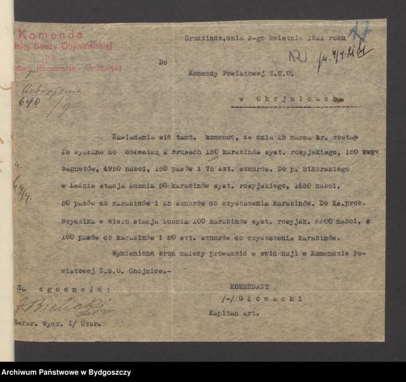 image.from.unit.number "[Raport o stanie uzbrojenia, statystyka broni, imienny spisy członków straży obywatelskiej z Głowczewic, powiat chojnicki]"