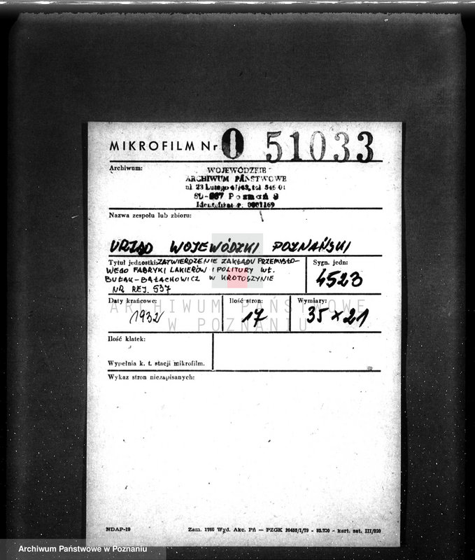image.from.unit.number "Zatwierdzenie zakładu przemysłowego fabryki lakierów i politury własność Bułak-Bałachowicz w Krotoszynie nr rej. 573"