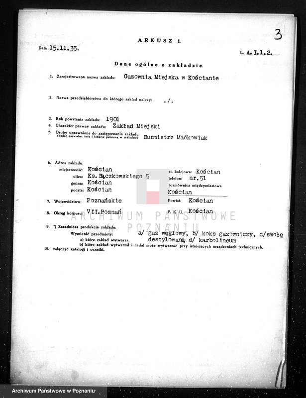 Obraz 7 z jednostki "Kwestionariusz Gazowni Miejskiej w Kościanie"