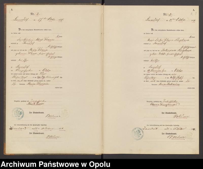 Obraz z jednostki "Geburts-Neben-Register des Standes Amtes Lamsdorf Nro.15 pro anno 1874"